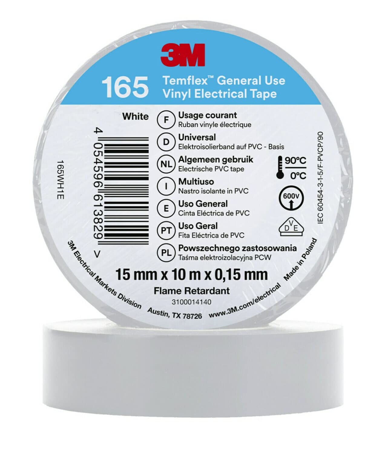 3M Temflex de ruban adhésif en vinyle 165 blanc 15 mm x 10 m, 100 rouleaux