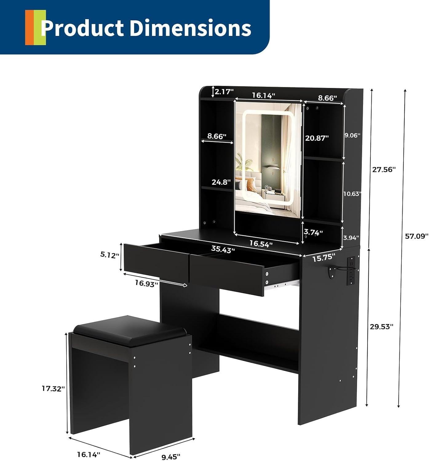 Diagram showing detailed dimensions of the MilleLoom Vanity Desk and its accompanying stool.