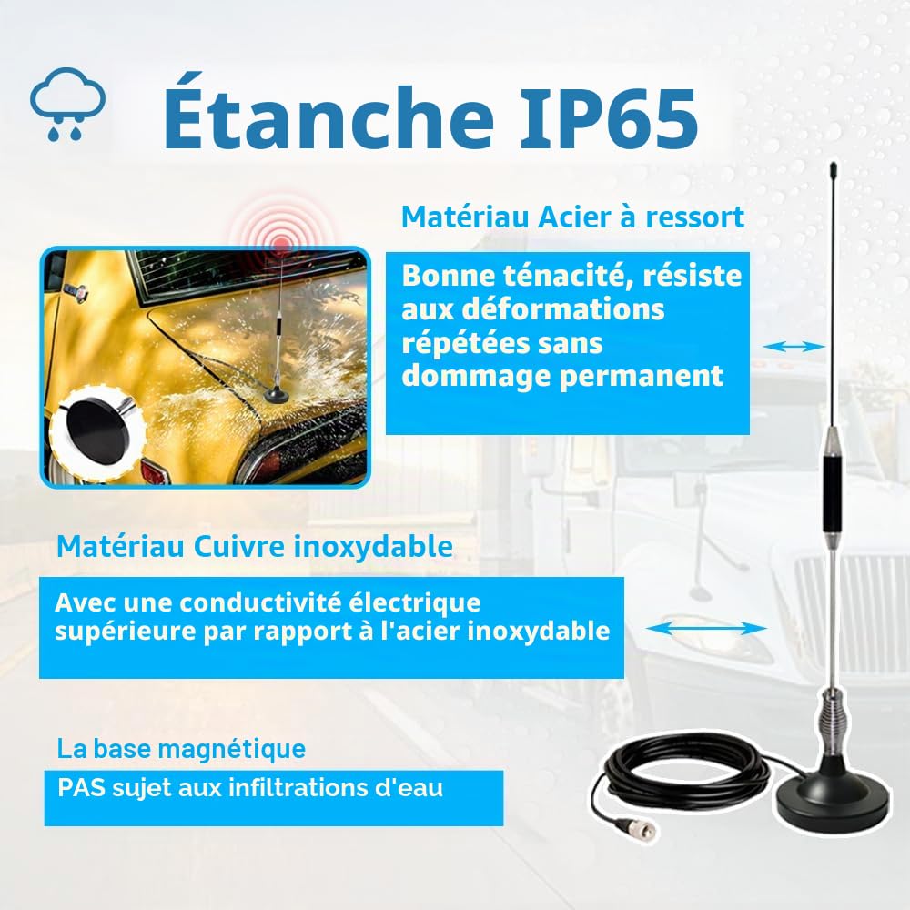 Antenne CB (27 MHz, Ht 67cm) Longue Portée | Compatible avec CiBi Président, Midland, Uniden | avec Socle Magnétique(Ø95 mm), Câble RG58 (5 m, 50 Ω), Fiche PL259 et Adaptateur (UHF vers BNC)