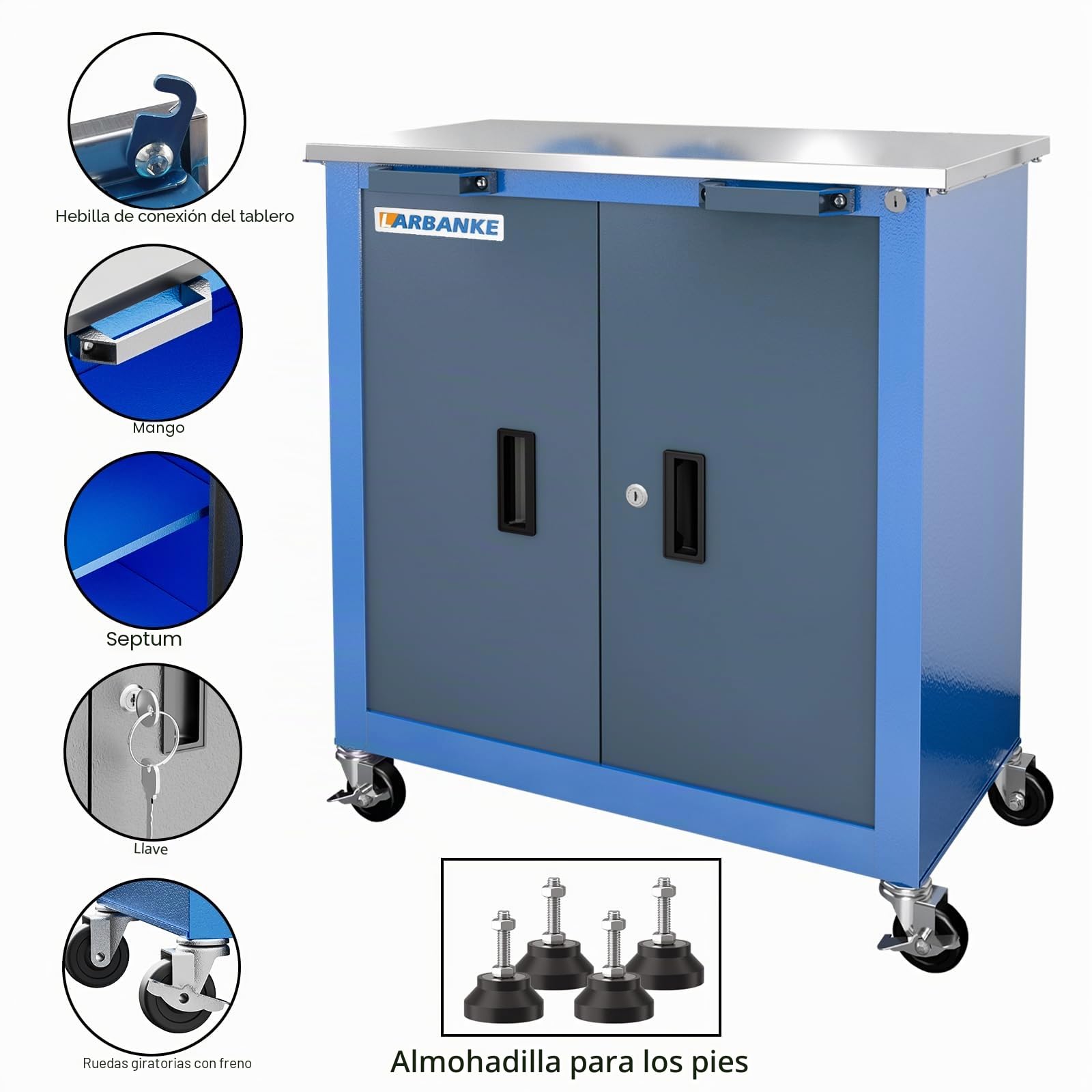 LARBANKE Caja de herramientas rodante de 5 cajones y 2 puertas, parte superior de acero inoxidable | Ruedas de 360° y patas acolchadas, cerraduras y llaves, hebilla de enlace única, para el hogar, garaje y oficina