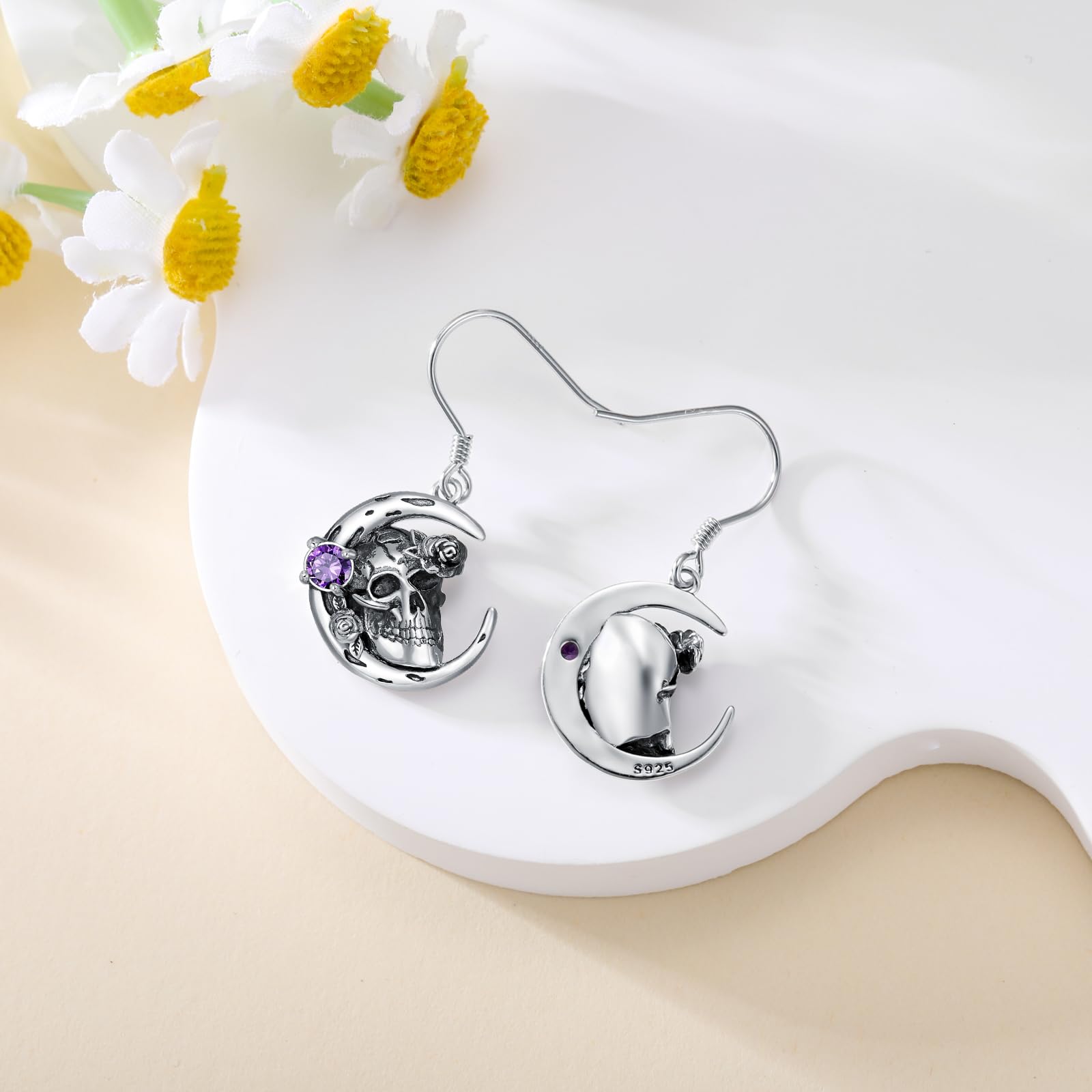 Gothic Moon Skull Rose Drop Earrings, 925 Sterling Silver Natural Amethyst Dangle Earrings, Punk Vintage Jewelry Unique Gift for Women