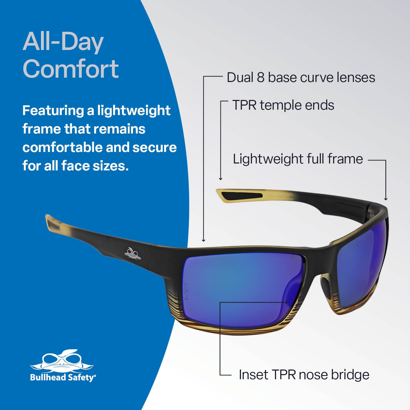 Bullhead Safety Amberjack Polarisierte Schutzbrille mit Performance Fog Technology, Blaulichtbrille mit UV-Lichtschutz und Anti-Kratz-Beschichtung, blaue Spiegelgläser, Schildkröte/schwarzer Rahmen