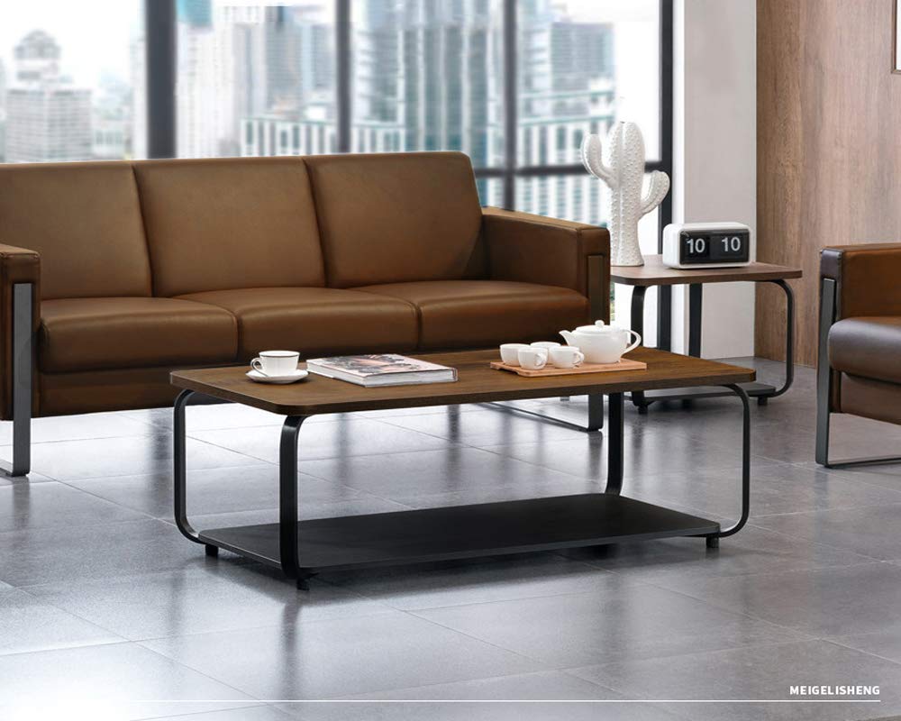 blf Furniture 47.6" Modern Coffee Table, End Table, Sofa Table with Black Powder-Coating Steel Frame, Walnut Wood Finish, Brown