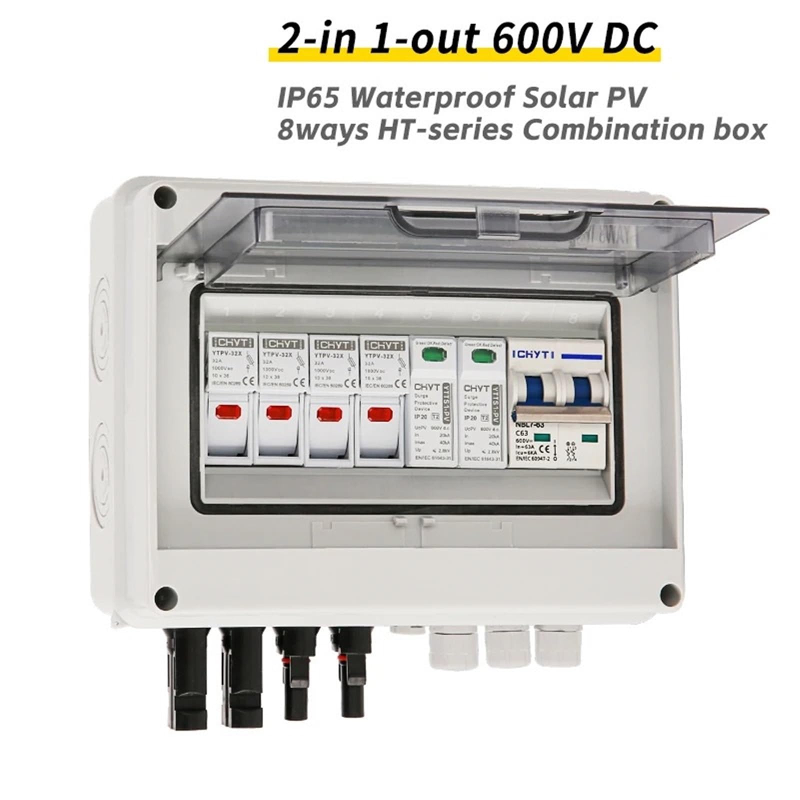 interruttore di sezionamento DC Quadro di combinazione fotovoltaico solare con protezione contro i fulmini, 2 ingressi, 1 uscita, fusibile CC 600 V, MCB, SPD, scatola impermeabile