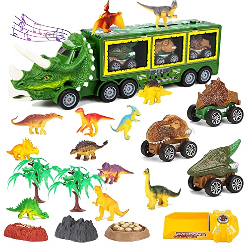 morkka Transporter Dinosaur Truck Juguete con Luces 26 Juegos, Incluidas pequeñas Figuras de Dinosaurio, Dino Egg, 3 Pull Back Cars, Stem Regalos educativos adecuados para niños 3+