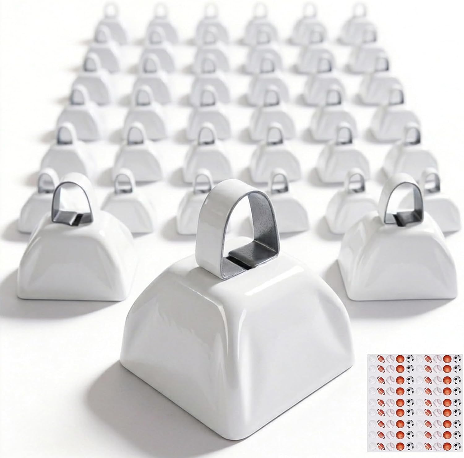 54 Pack Small Cow Bells for Sporting Events, Metal Cow Bells Bulk with Handle, 3 Inch Compact Noise Makers for Football Games, School Pep Rallies, Weddings and Parties, White