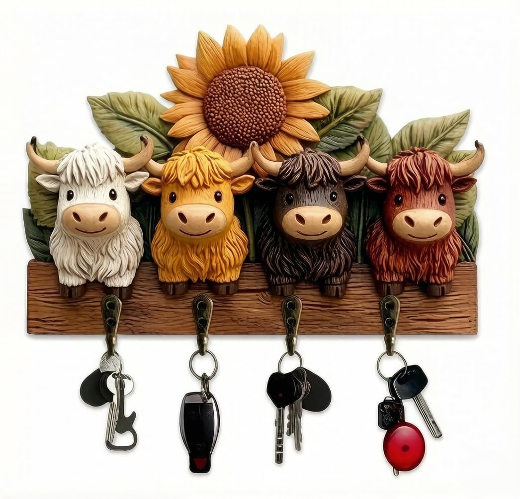 Copbopwn Highland Cow Key Holder for Wall 2D Rustic Wooden Key Rack with 4 Hooks Highland Cow Ornaments 25x19cm Farmhouse Wall Mounted Key Hanger for Entryway Hallway Home & Office Organization (SETB)