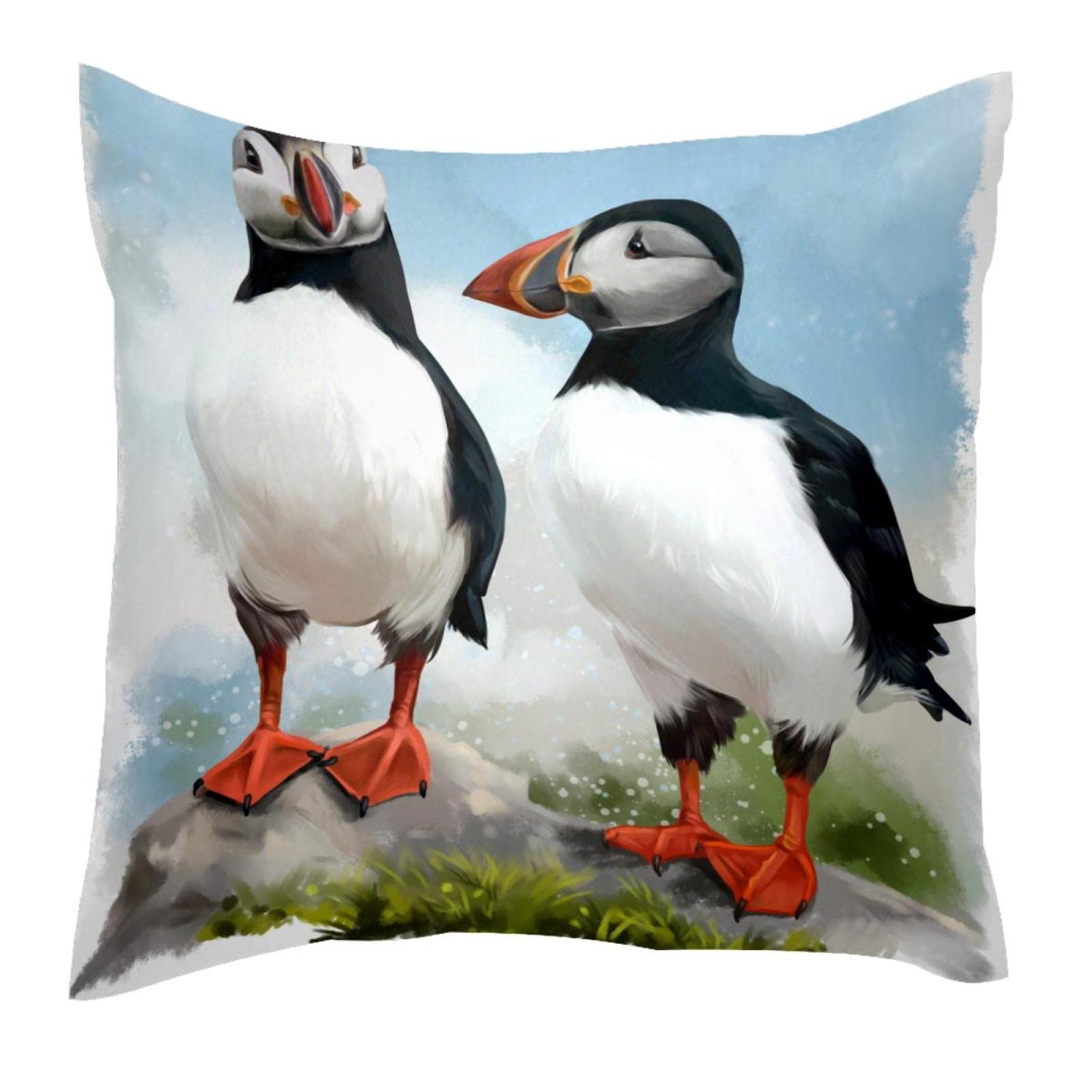 TBOUOBT Square Throw Pillow Covers, Soft Cushion Case Pillowcase Home Decor, Animal Oil Painting Atlantic Puffins