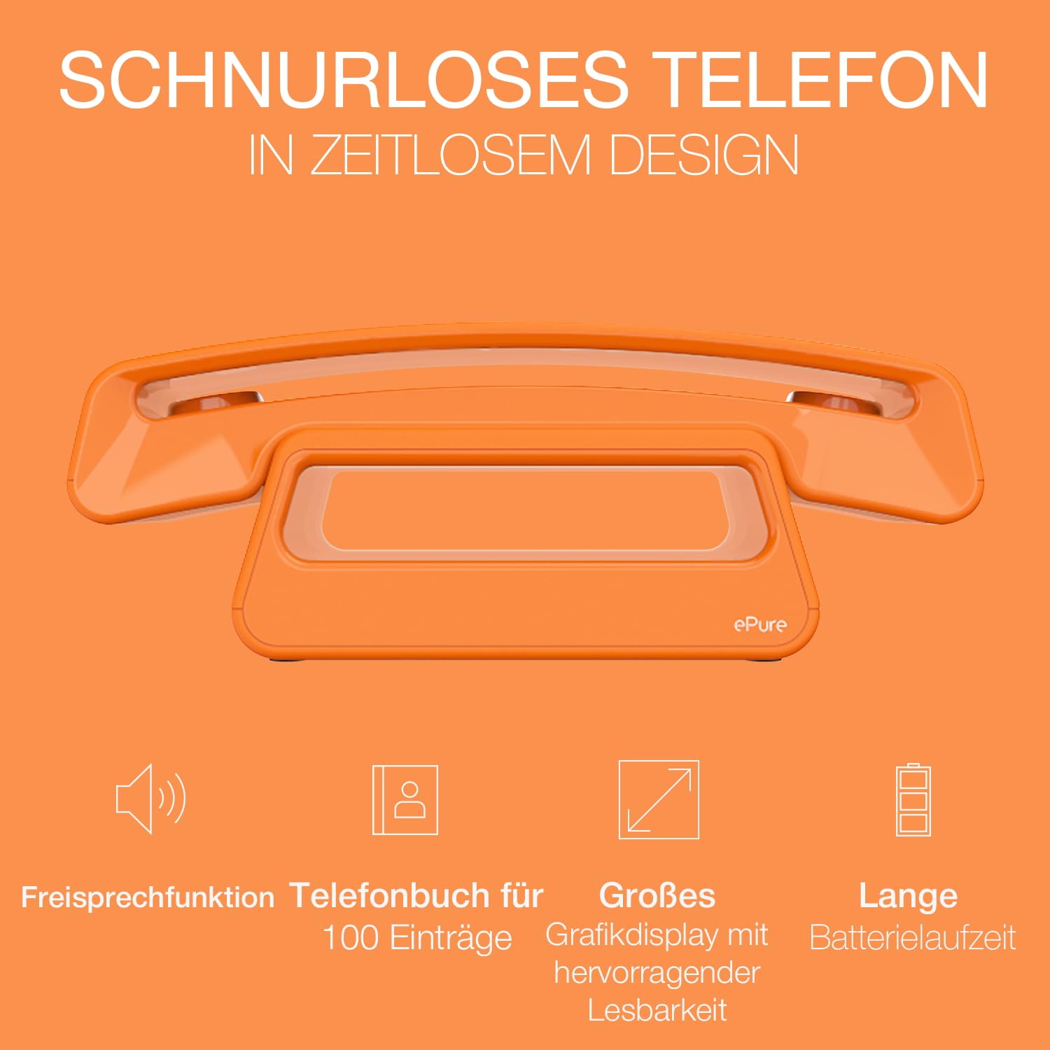 ALCATEL ePure Iconic - Schnurloses Festnetztelefon DECT - Vintage-Design - Großes, hochauflösendes Grafikdisplay - Freisprechfunktion - Anrufblockierungsfunktion - Orange