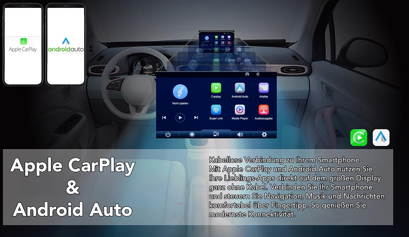 Lescars Navigation: IPS-HD-Touchscreen, 7"/17,8 cm, für Apple CarPlay & Android Auto, 360° (Apple Carplay Displays, Android Auto Display)