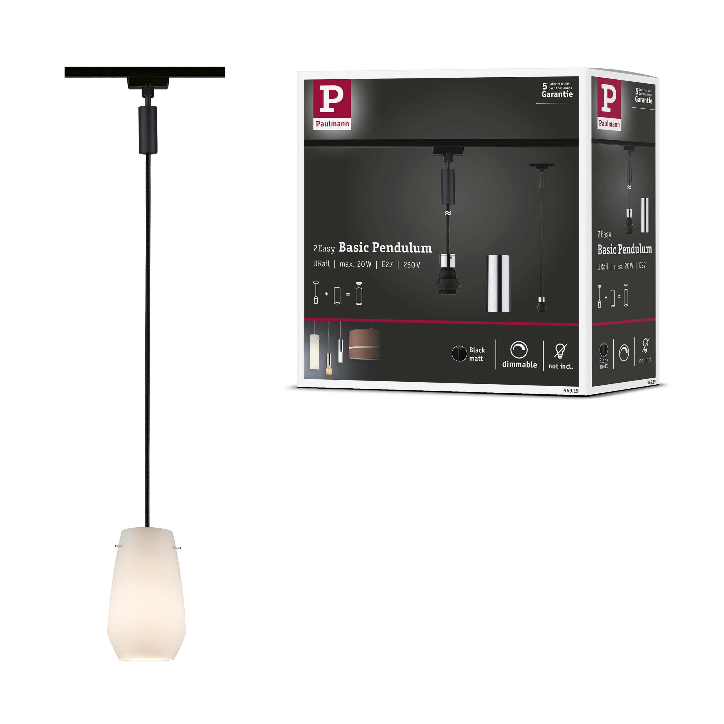 Paulmann 96919 2Easy URail Pendant E27 max. 20W dimmable 230V Black matt, Chrome Rail System – Choose Any lamp