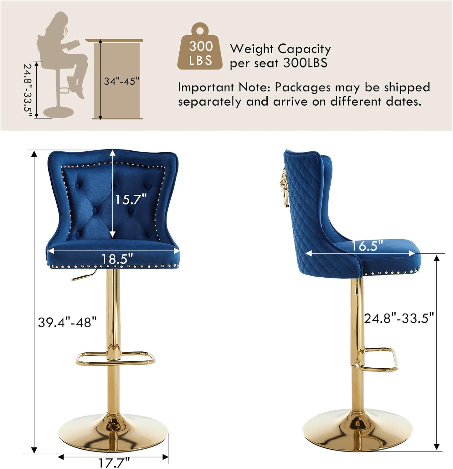 Bar Stools Set of 2, Adjustable Velvet Counter Bar Stools with Botton Tufted Back Swivel Upholstered Comfy Chairs Lion Head Pull Ring Gold Base for Kitchen Island, Dining Room, Dark Blue
