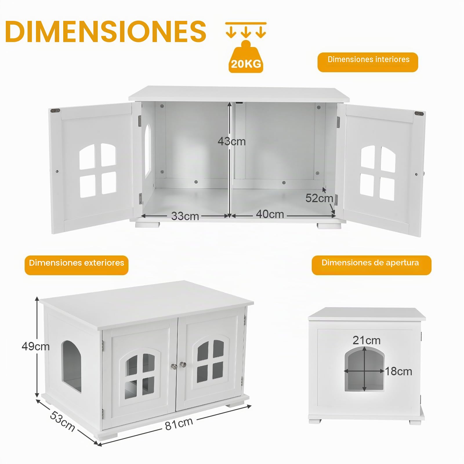 GOPLUS Casa para Gatos, Inodoro para Gatos con Separador Interior extraíble, Armario para Gatos con Orificio de Entrada y Ventana de Cruz y 2 Puertas magnéticas, 81 x 53 x 49 cm (Blanco)