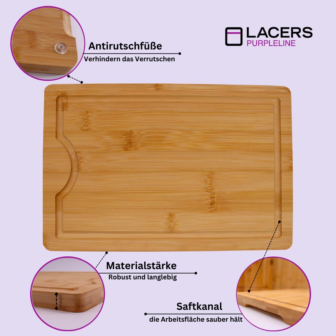 Lacers PurpleLine - Bundle - Bambus Holzschneidebrett 4-teilig mit Saftrille & rutschfesten Füßen/Kochlöffelset 14-teilig aus Akazienholz - Vielseitiger und nachhaltiger Küchenhelfer für die Küche
