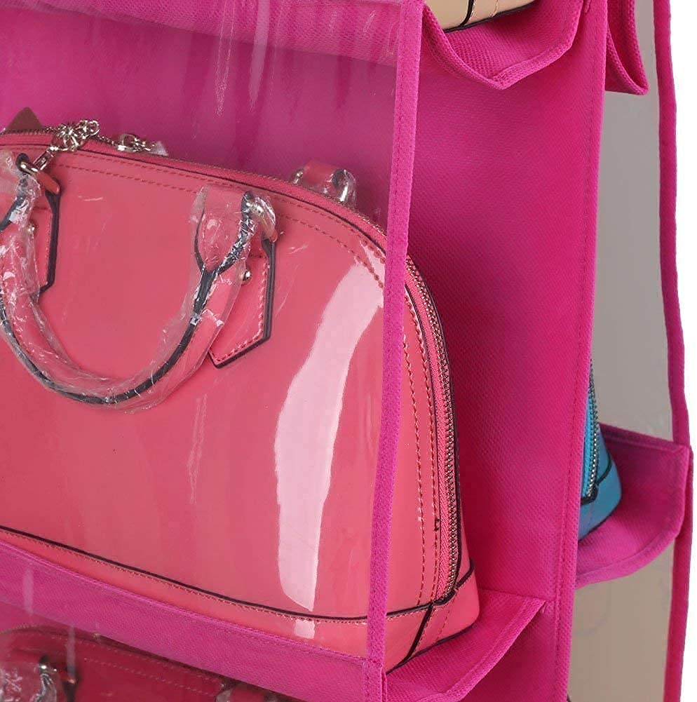 Lexazo 6 Pocket Large Clear Purse Handbag Hanging Storage Bag Organizer Closet Tidy Closet Organizer Wardrobe Rack Hanger Holder for Fashion Handbag Purse Pouch, Hanging Pouch for Purse Bag - 1 Piece