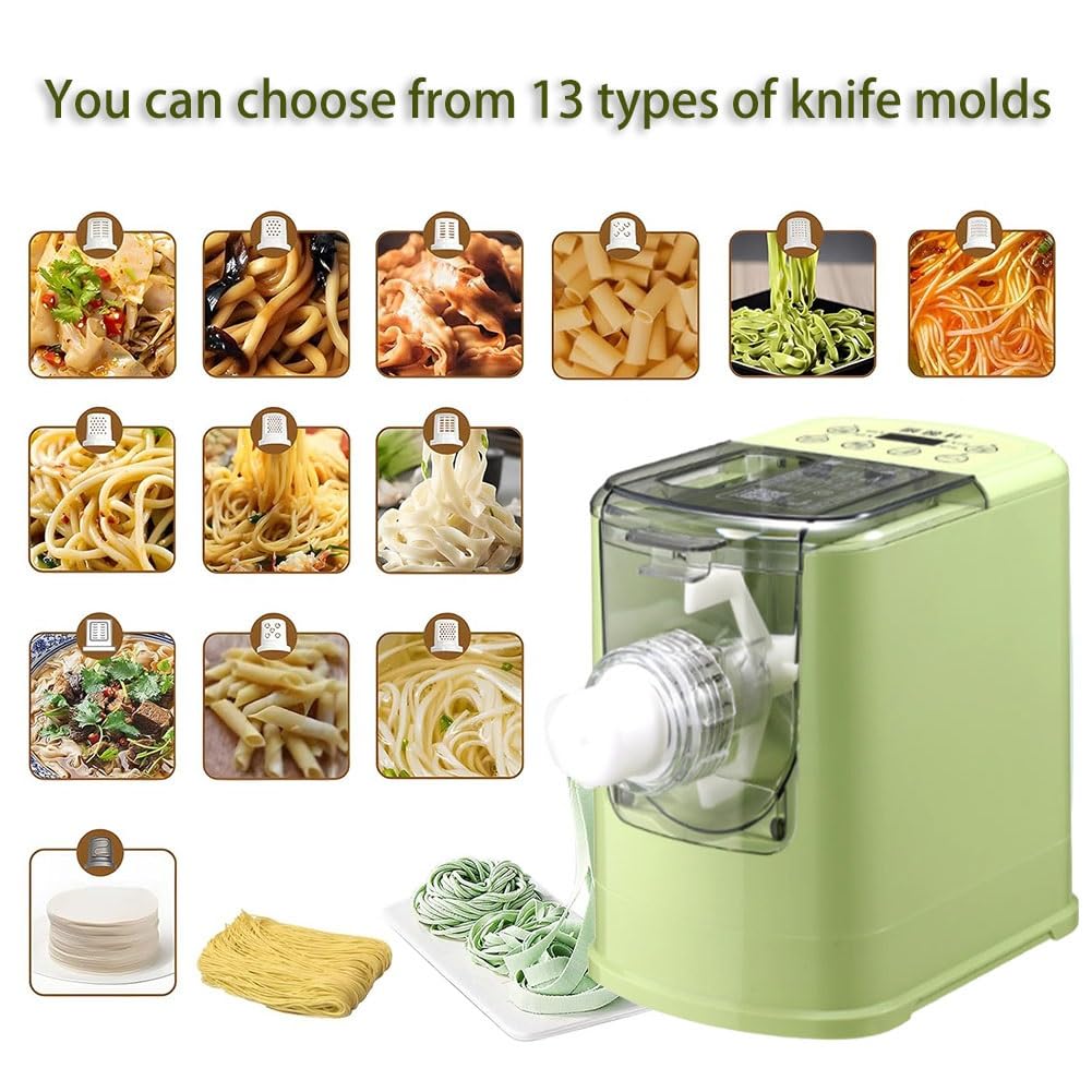 Máquina eléctrica para hacer pasta, Máquina para hacer pasta y fideos, 13 tipos de moldes de prensado, Totalmente Automática(Verde)