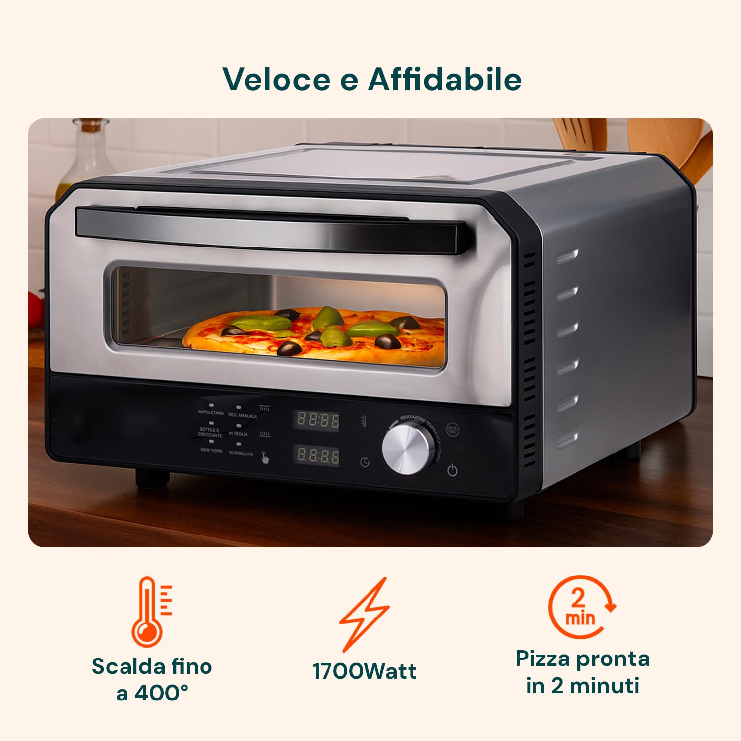 Avilia - Forno Pizza Elettrico 400°C con Display Digitale e 6 Programmi di Cottura, Include Pala per Pizza in Acciaio Inox, Facile da Usare con Controllo Preciso della Temperatura