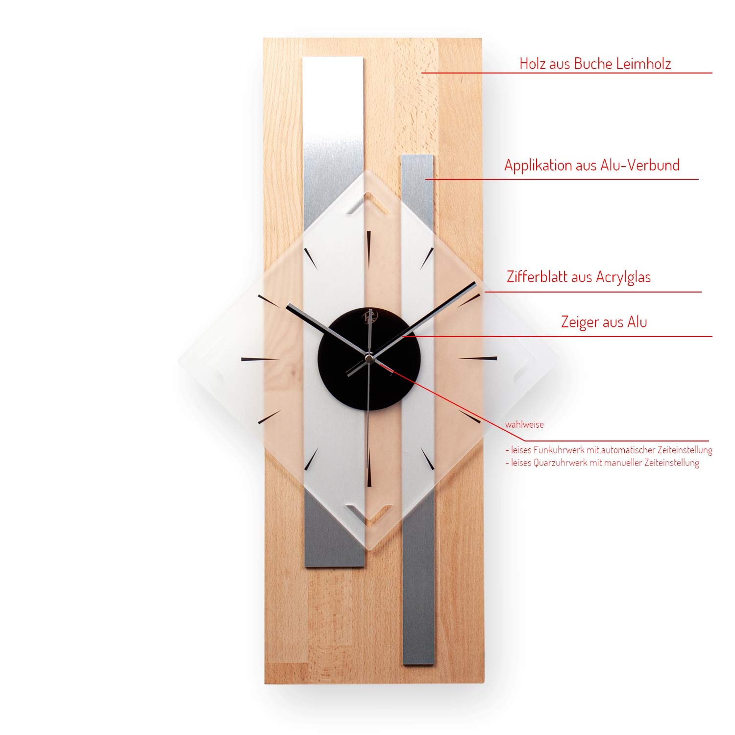 Kreative Feder Moderne Designer Holz Alu Wanduhr leise ohne Ticken 60x30cm (Buche, leises Quarzuhrwerk)