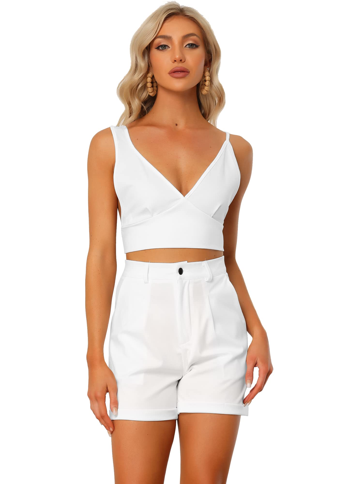Allegra K Camisola de 2 piezas para mujer, informal, de verano, sin mangas, con nudo en la espalda, con pantalones cortos