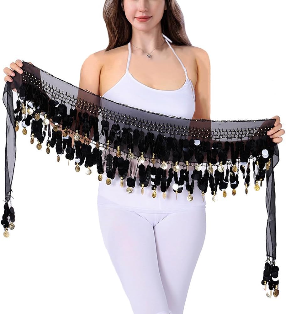 Belly Dance Hip Scarf Coins Plus Size Fringe Skirt, Sequin Fringe Skirt Belly Dancer Costumes for Women