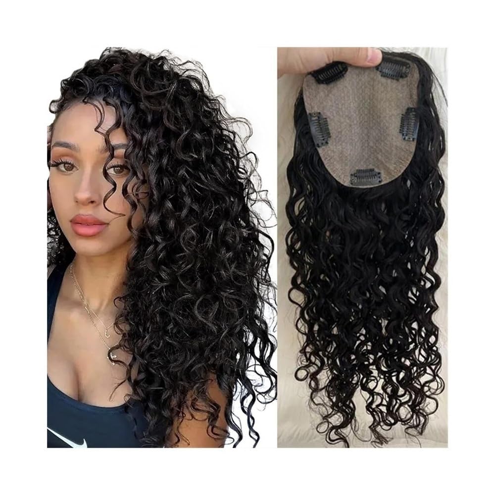 Topper for capelli umani ricci e ondulati lunghi 8-22" 150 densità vergini europei neri naturali 15x16 cm base in seta clip in parrucche(12 inches)
