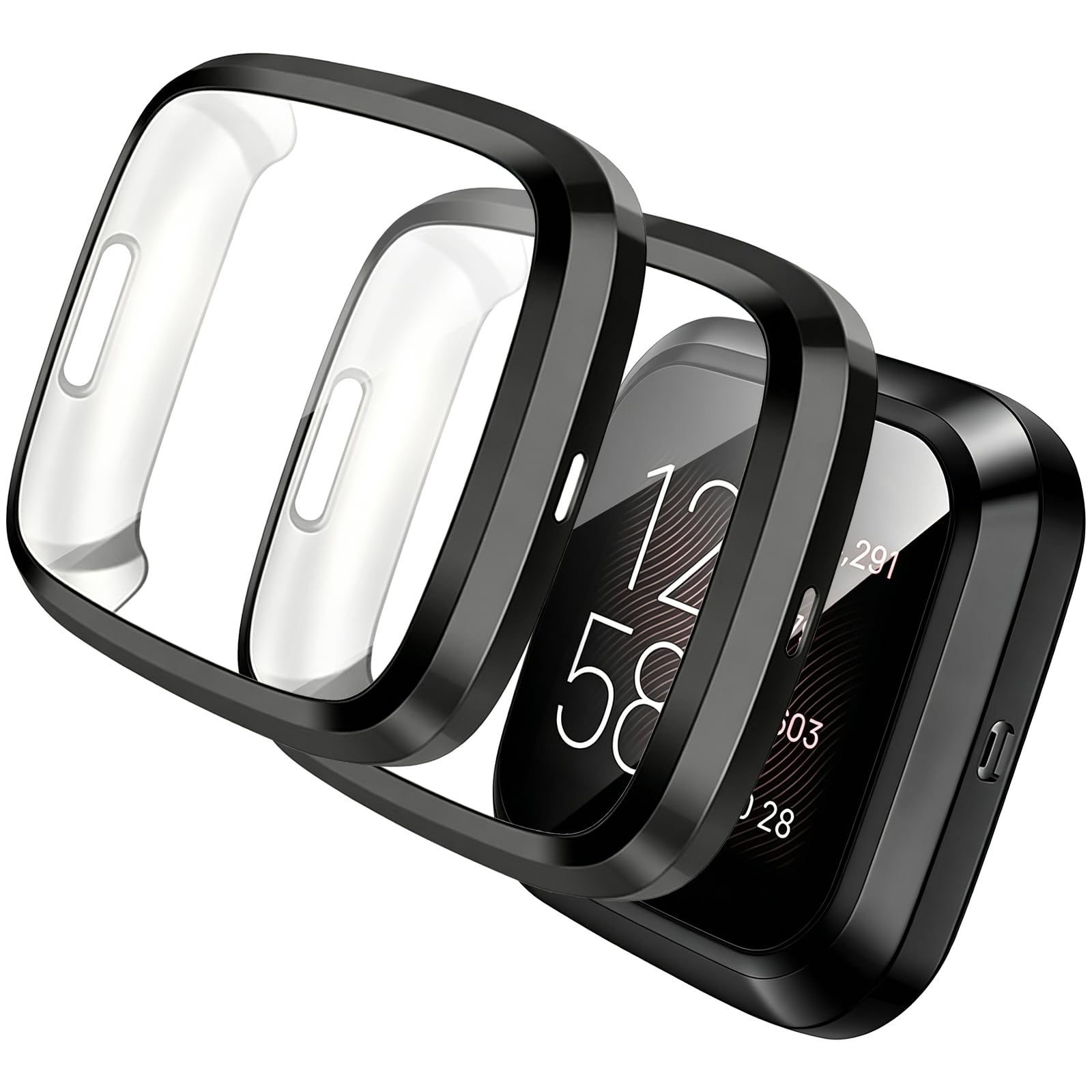 Paquete de 2 fundas de TPU para Fitbit Versa 2, protectores de pantalla, resistentes a los arañazos, a los golpes, compatibles con reloj inteligente Fitbit Versa 2 (negro/negro)