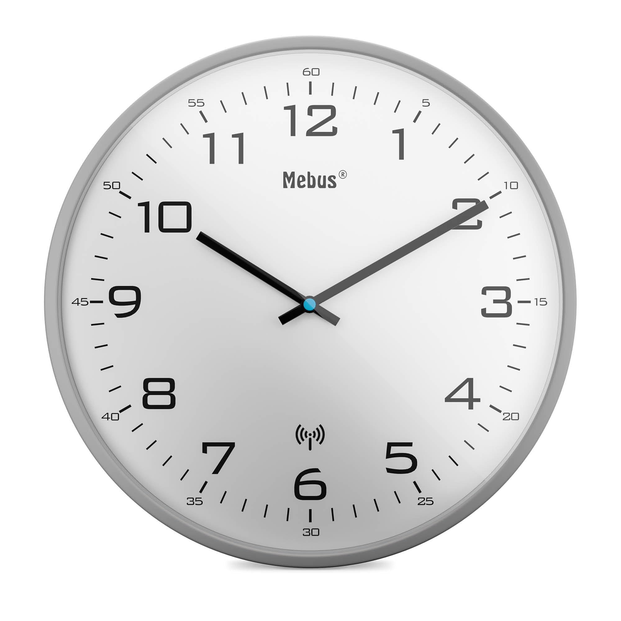 Mebus Radiowy zegar ścienny, 30 cm, bezgłośny, szara rama, biały cyferblat, model 13081 - nowoczesny i cichy, szary