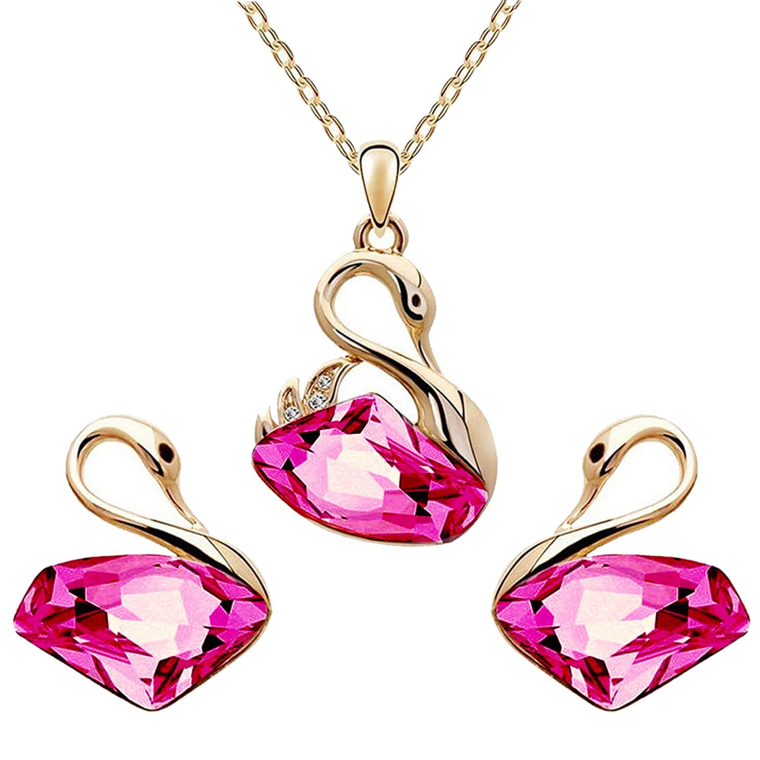 Peora Gold Plated Cute Swan Red Pink Crystal Pendant Necklace with Earrings set for Women Girls (B09K557VHC) Amazon Price History, Amazon Price Tracker