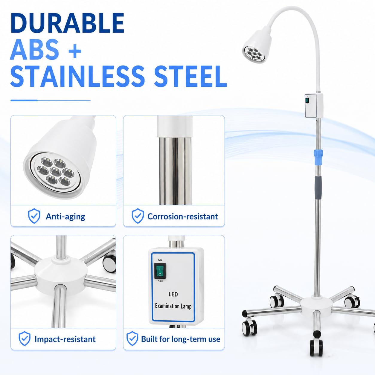 Lampe Chirurgicale Médicale Dentaire Rotation à 360° LED Lampe D'examen Chirurgical Type Support De Sol Avec Roues,Pour Usage Ambulatoire, Dentaire, Familial (Avec 5 roulettes)