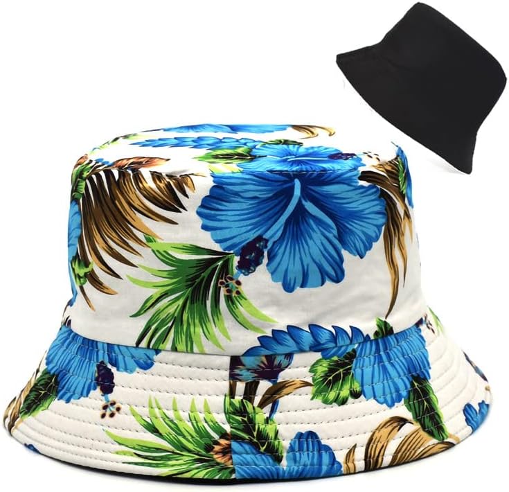 Bucket Hat Cotton Double-Side-Wear Reversible Sun Hat for Women Men, Summer Vacation Travel Beach Packable Fisherman Hat