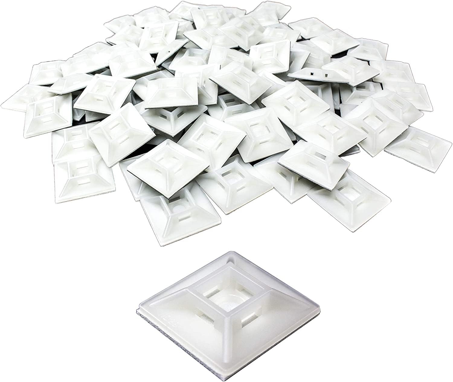 Large, Premium Zip Tie Adhesive-Backed Mounts 100 Pk by Phyxology Supply. Pro-Grade, UV White Cable Tie Bases: 1.1 in x 1.1 in. Screw-Hole Anchor Point Gives High-Strength Durability for Long-Term Use