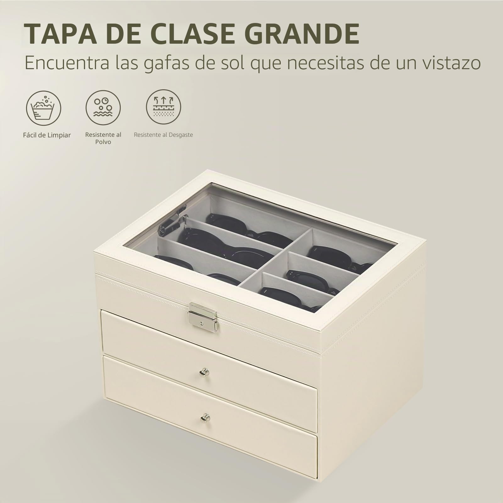 AUTOARK Tapa transparente de cuero,24 piezas,Almacenamiento para gafas y gafas de sol,Organizador con cerradura,Beige,MKAW047