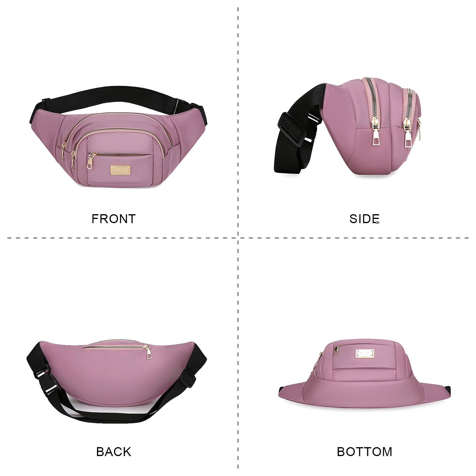 Bumbags for Ladies Women Men Lightweight Adjustable Bum Bag Fanny Pack with 4 Zipper Pockets,Fashionable Waist Pack for Travel, Running, Hiking, Cycling (Pink) — view 6