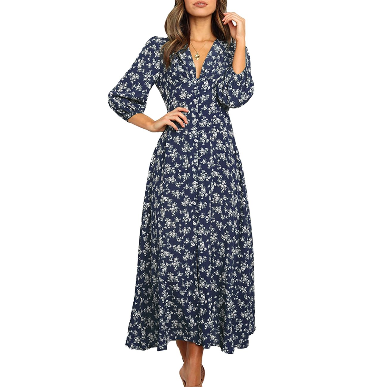 KOEMCY Vestidos Mujer Floral Maxi Vestido Manga Larga Botón Cuello V Casual Vestidos Blusa Playa Vacaciones Sundress Otoño