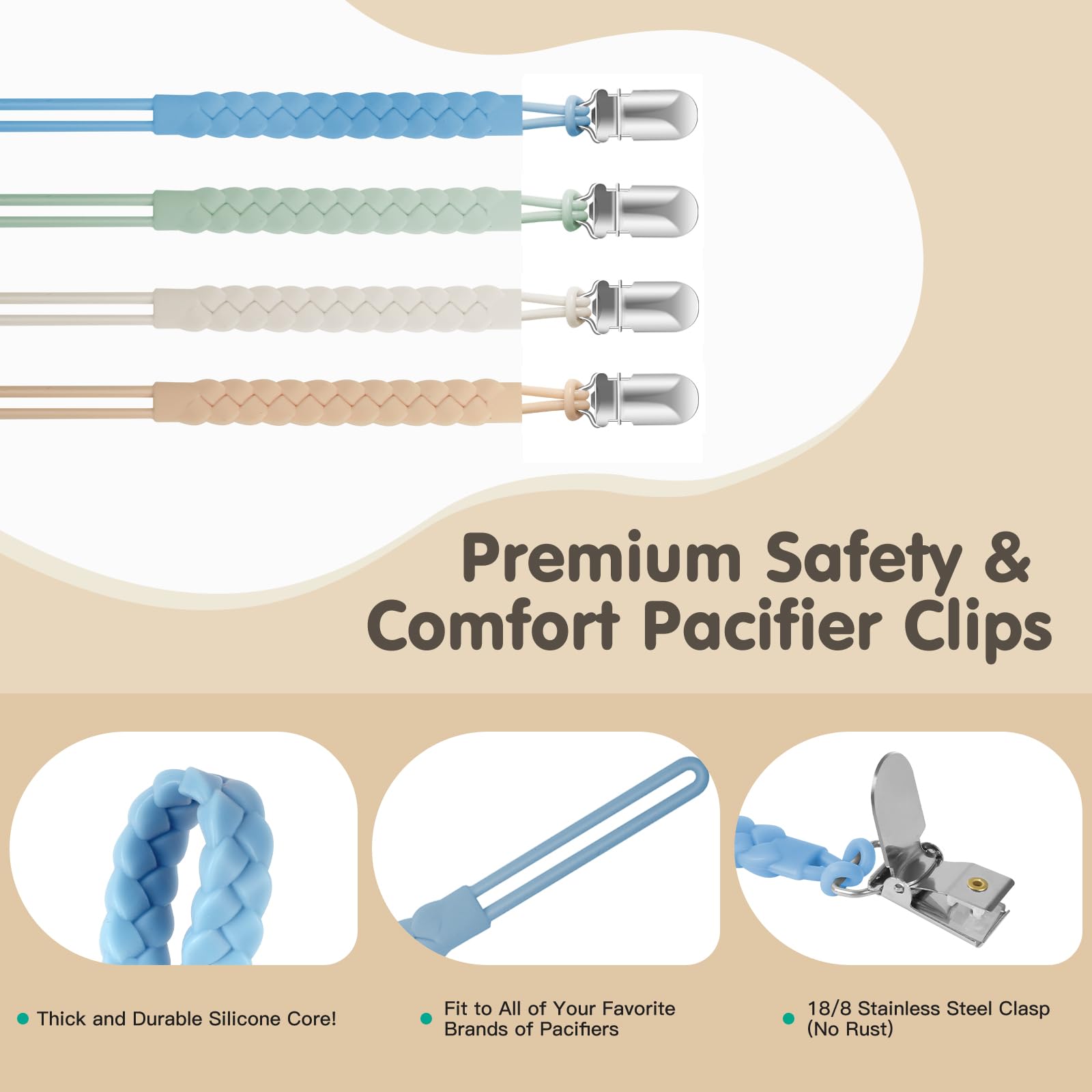 Tender Babe Silicone Pacifier Clips for Baby Boys and Girls, Woven Rope Flexible Design, Pacifier Holders for Teething Relief and Baby Essentials, Safe for Newborns (6 Pack)