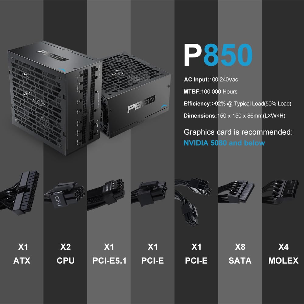 SAMA Bloc d'alimentation P850 850 W - Compact entièrement modulaire ATX 3.1 PSU - PCIe 5.1 & 12V-2x6 GPU Ready - Certifié 80 Plus Platinum - Ventilateur FDB zéro RPM 140mm - Condensateurs haut de