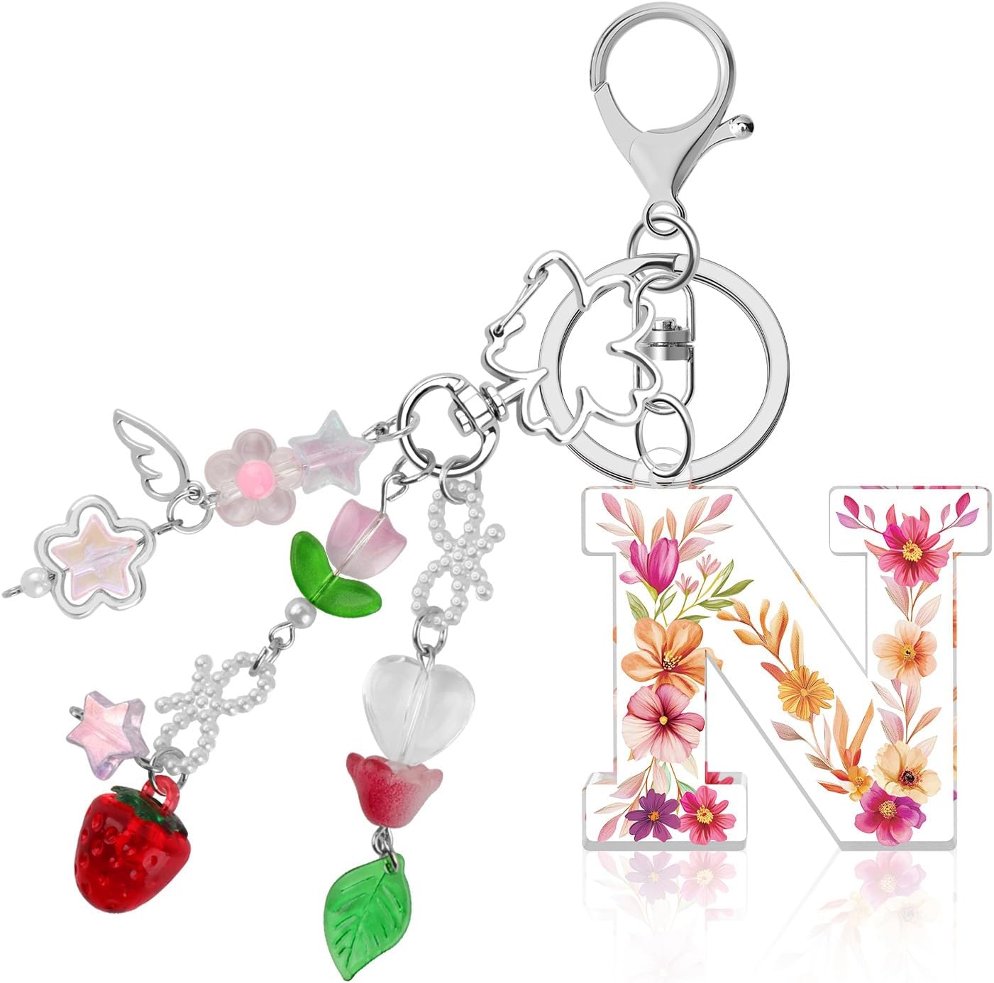Pink Initial Letter Keychains, Aesthetic Y2K Key Chain, Sweet Butterfly Star Strawberry Keyring for Women Bag Charms