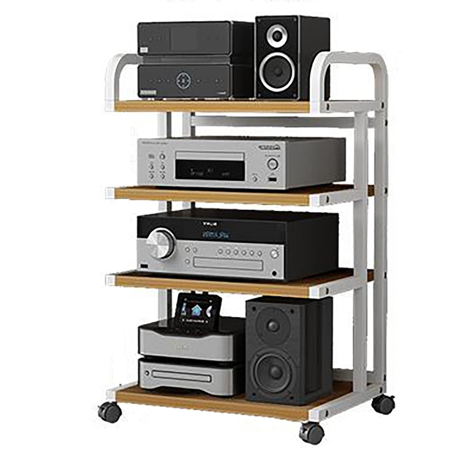 Mobilny stojak na media AV z kółkami, 3-poziomowa półka narożna, nowoczesny stojak audio HiFi, szafka do przechowywania, regał stereo, półka do kina domowego, czerwono-brązowe wykończenie