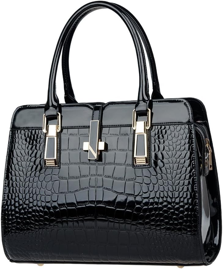 Women's PU Leather Casual Vintage Crocodile Top Satchel Purse Handbag Black