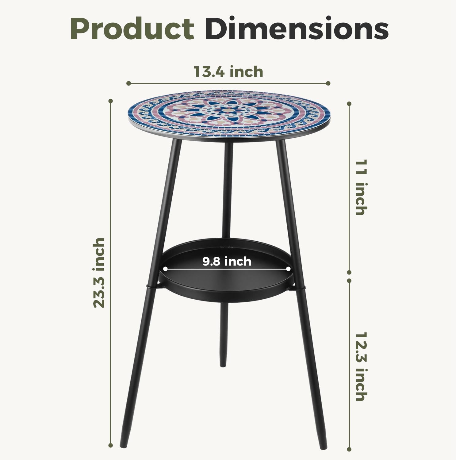 2-Tier Metal Outdoor Side Tables 13.5" Round End Tables for Living Room Small Weather Resistant Patio Side Table for Balcony, Porch & Garden Indoor Accent Table Plant Stand Coffee Table, Blush Mosaic