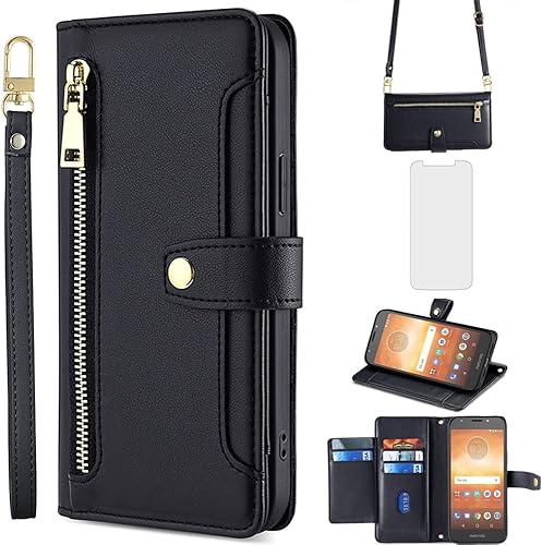 Asuwish Funda de teléfono para Moto E5 Play E 5 Cruise 5E Go Funda tipo cartera y protector de pantalla con cremallera de cuero para tarjetas de