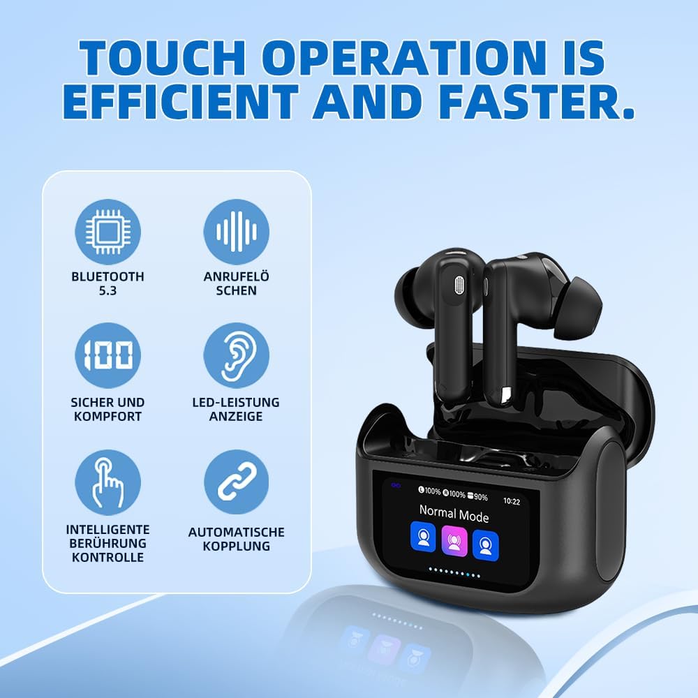 Wireless Earbuds Bluetooth 5.4 ANC Noise Cancelling Headphones 32H Playtime,Earphones with Multifunction Touch Screen Case,HiFi Stereo,IPX7 Ear Buds Built-in Mic for iOS Android(Black) - Image 5