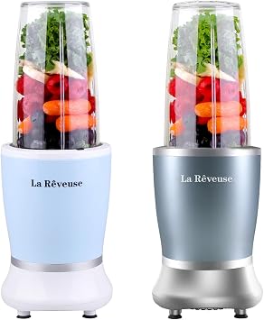 La Reveuse Personal Size Blender 250 Watts Power for Shakes Smoothies Seasonings Sauces with 1 Piece 15 oz Cup,1 Piece 10 oz Mug,BPA Free Sky Blue+Pearl Blue