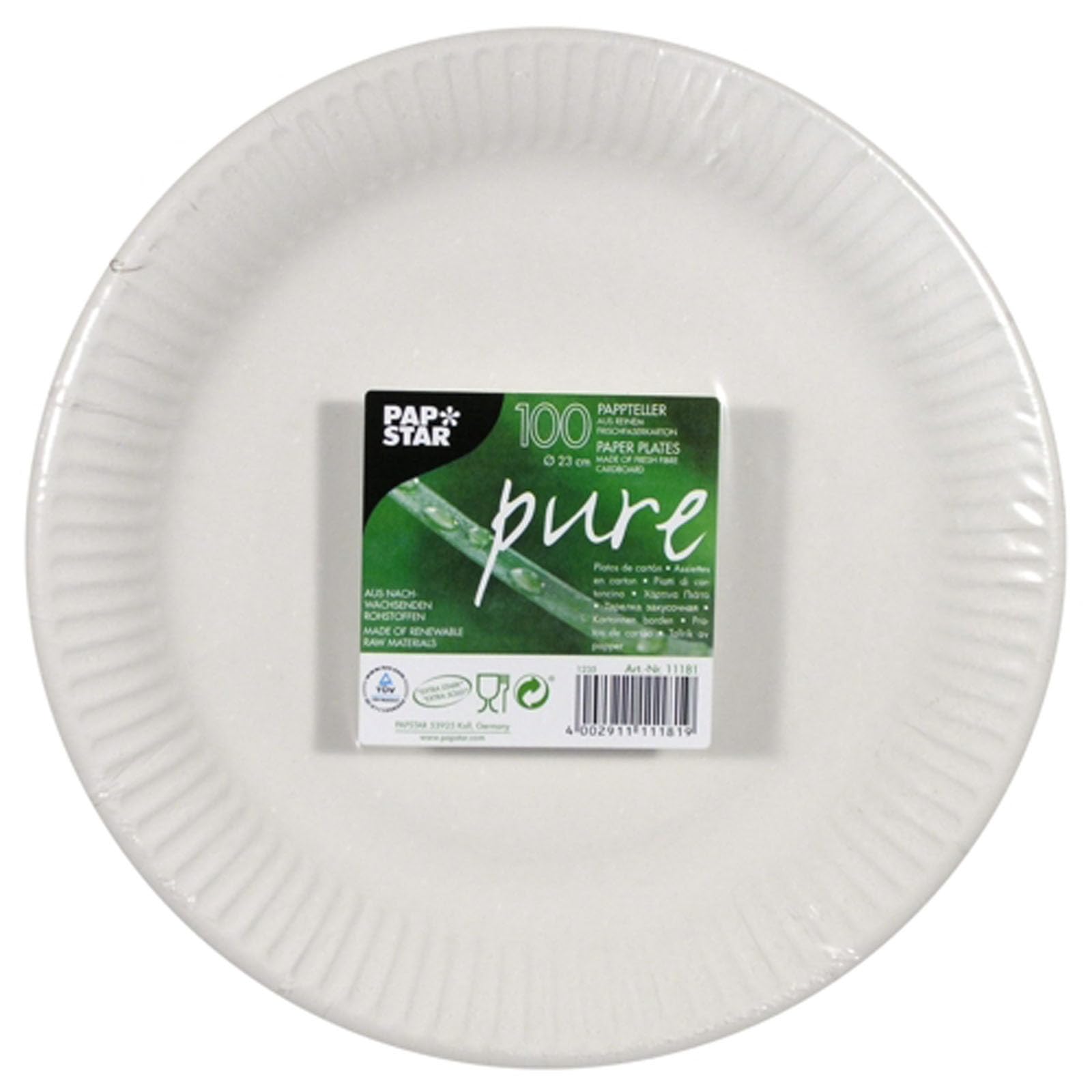1 cartón Papstar=5 x 100 platos, cartón diámetro 23 cm blanco extra fuerte 11181