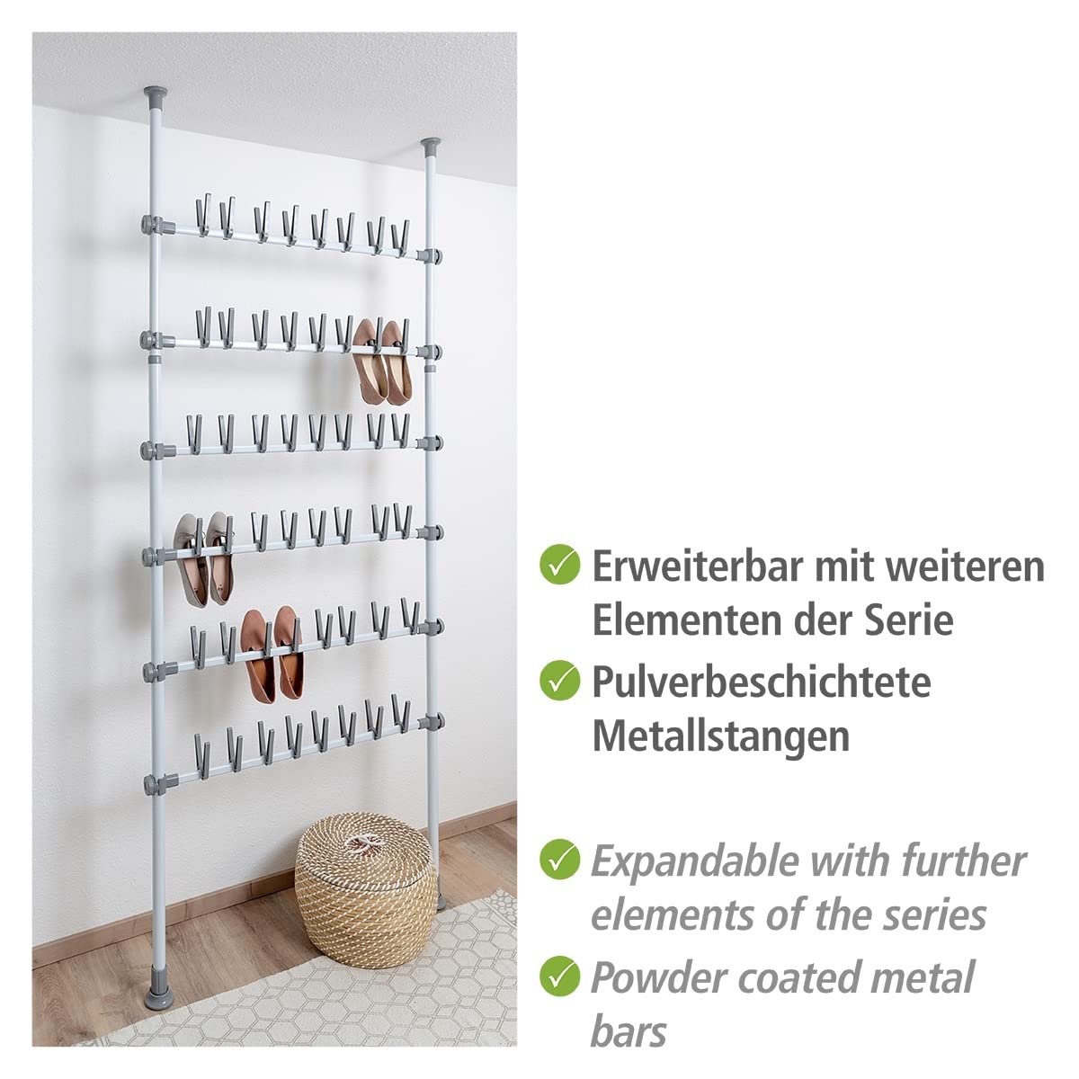 Wenko Porta scarpe telescopico Herkules Shoes - sistema regolabile di organizzazione, scaffale per scarpe, Acciaio, 94 x 165-300 x 9 cm, Bianco