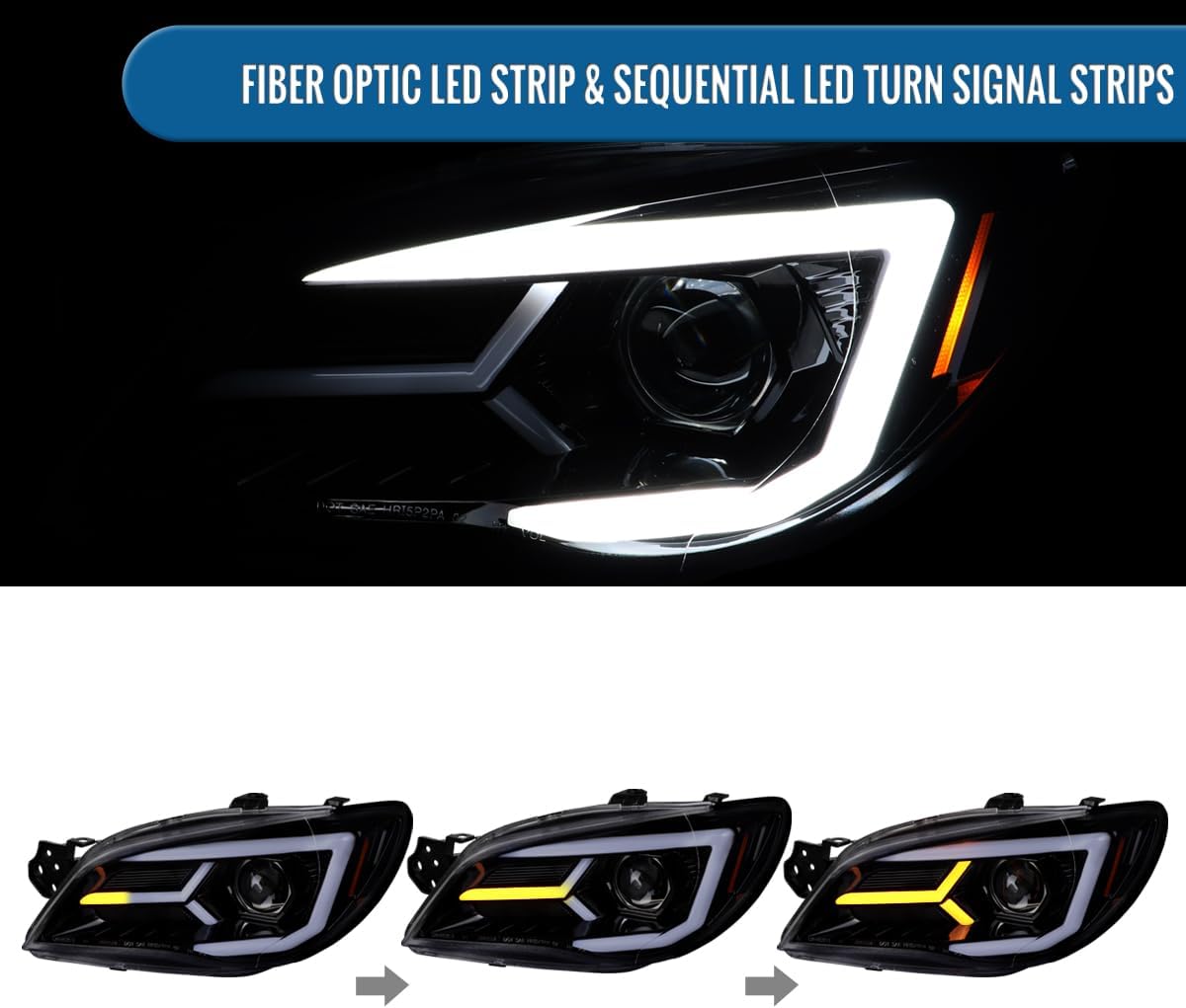 Ronnin - Fits 2006-2007 Subaru Impreza WRX STI Upgraded Projector Halogen Headlights LED Sequential Turn Signal Tube Assembly Pair | Black Smoke