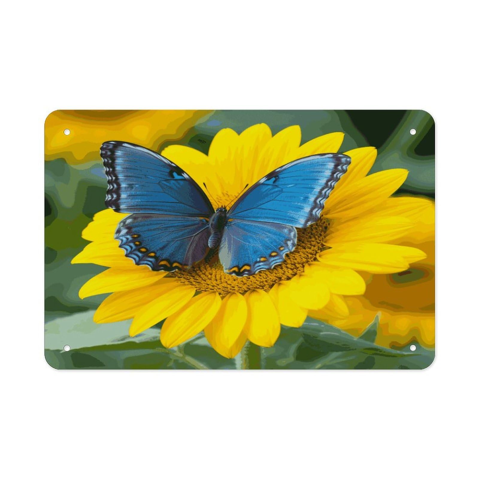 LDGSUPH Sunflower Blue Butterfly Metal Tin Sign Wall Art Prints Folded Edge Iron Sheet Painting with Holes for Wall Prints Decorative Picture Metal Signboard Decor Painting Wall Decor