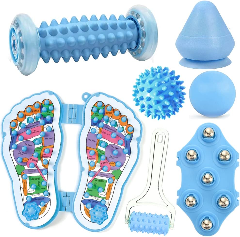 7 in 1 Massage Kit, Bump Foot Massager, Handheld Roller, Foot Massager Roller, Massage Lacrosse Ball, Spiky Ball, Conical Fascia Ball for Relieve Plantar Fasciitis, Heel & Foot Arch Pain