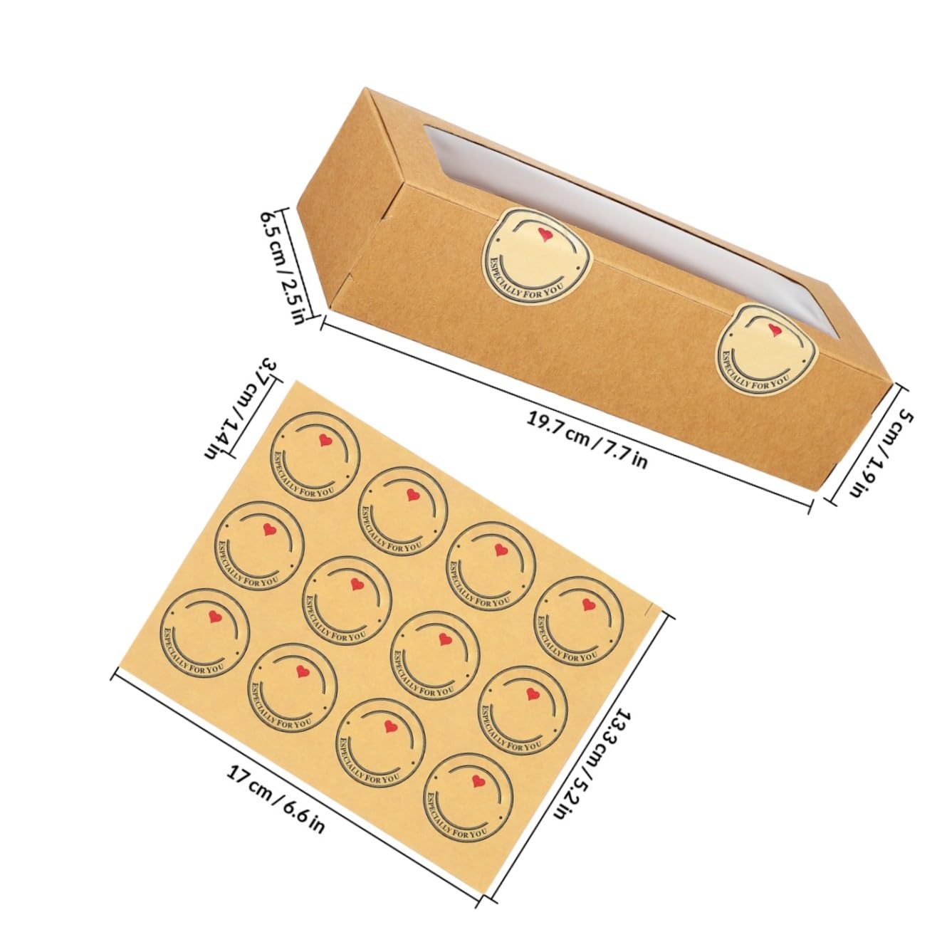 Cajas y Pegatinas de Papel Kraft 50 con Ventana Transparente de Macarons para Macarrones Dulces, Postres y Tienda