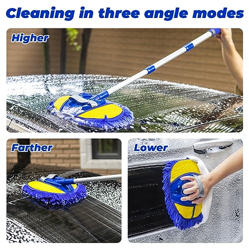 bemece Car Cleaning Brush with Long Handle, Chenille Microfiber Car Wash Brush, 2 in 1 Car Wash Kit for Cleaning Car Van Truck Caravan(1 Chenille Replacement Head), Blue